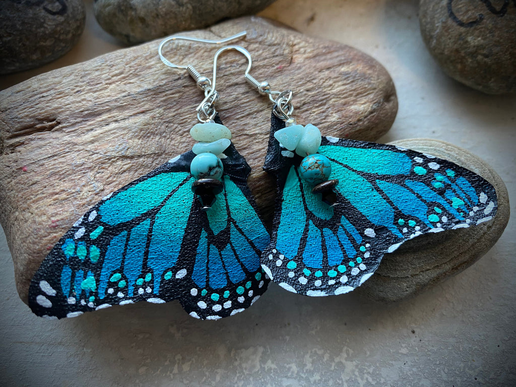 Hand Painted & Crafted Monarch Butterfly Earrings - "the Mini Turquoise wing"