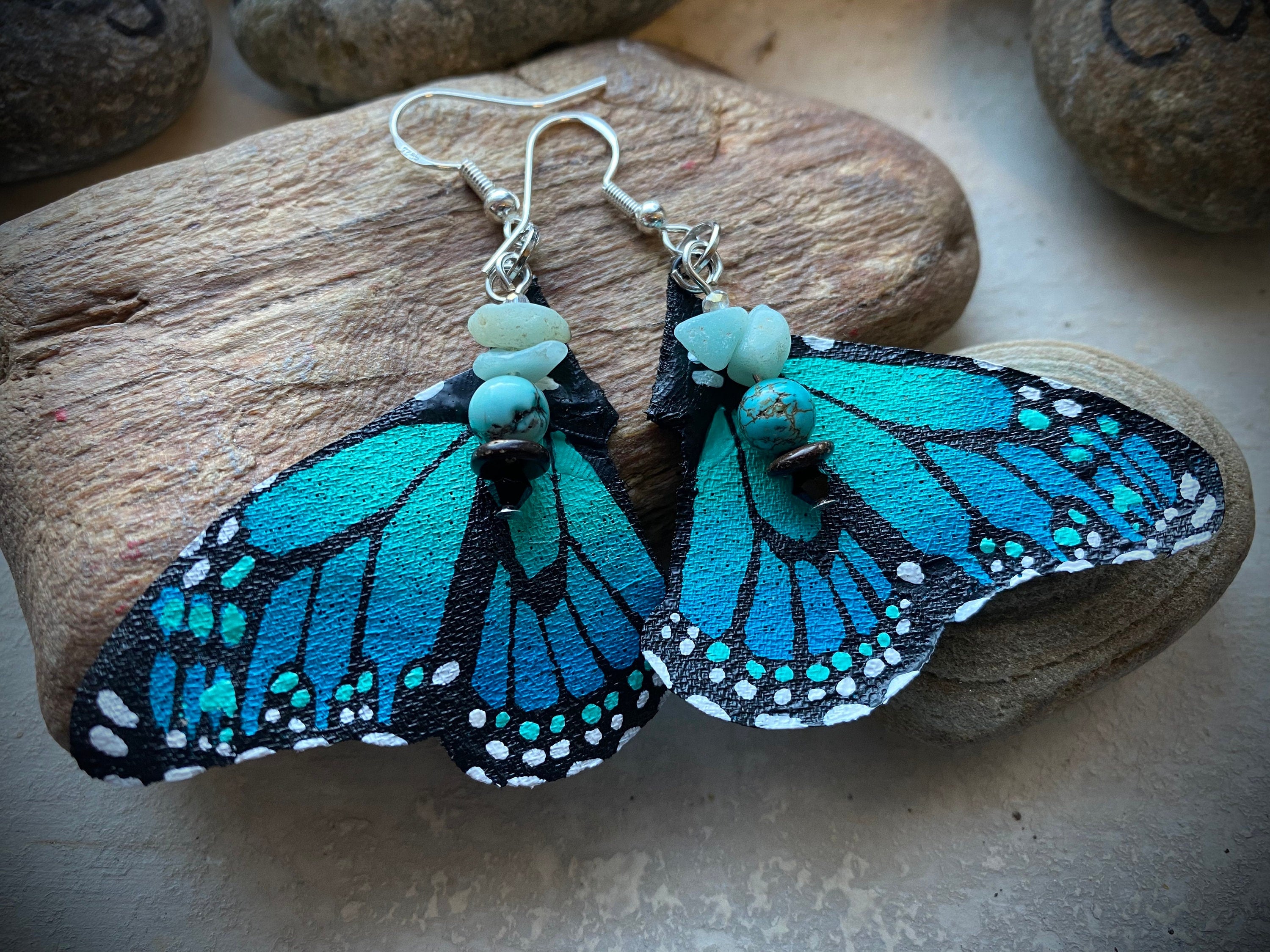 Hand Painted & Crafted Monarch Butterfly Earrings - "the Mini Turquoise wing"