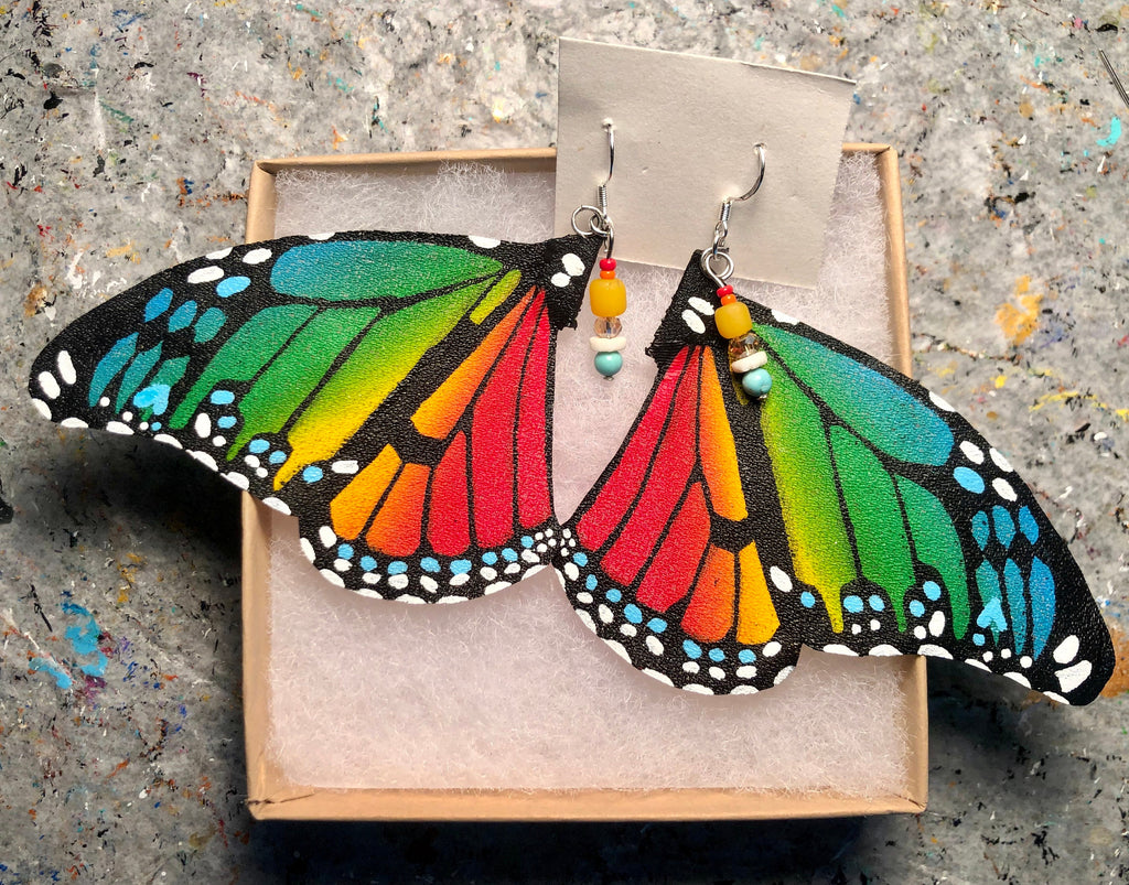 Hand Painted & Crafted Monarch Butterfly Earrings - "the Rainbow wings"