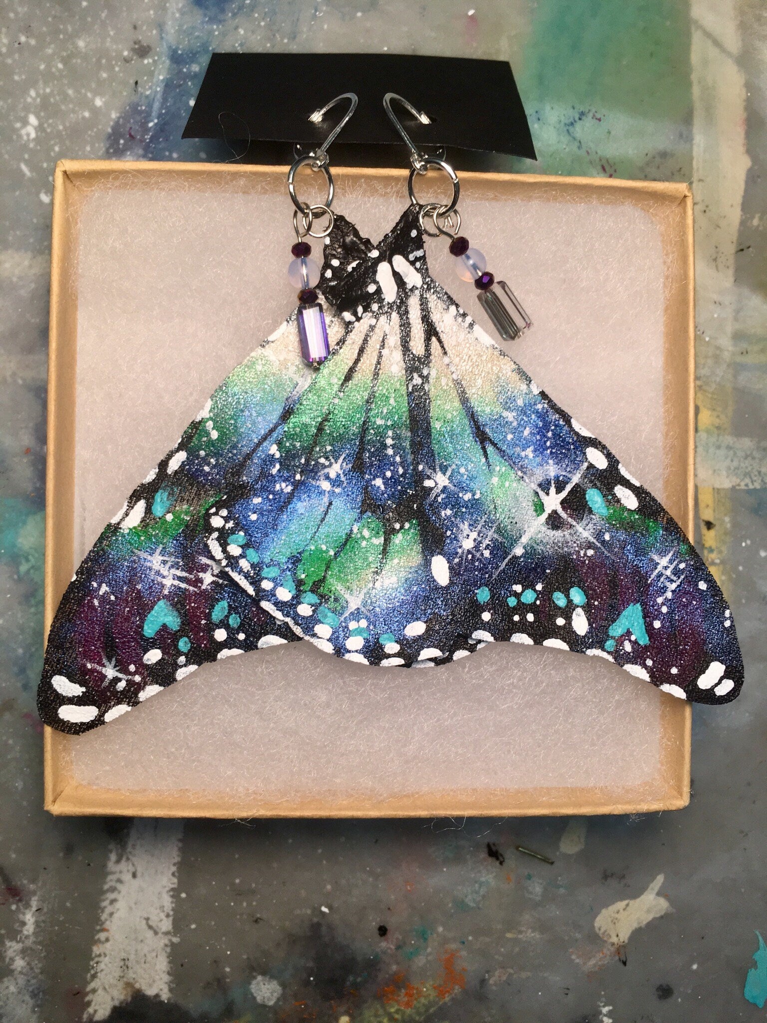 Hand Painted & Crafted Monarch Butterfly Earrings - "the Space Nebula"