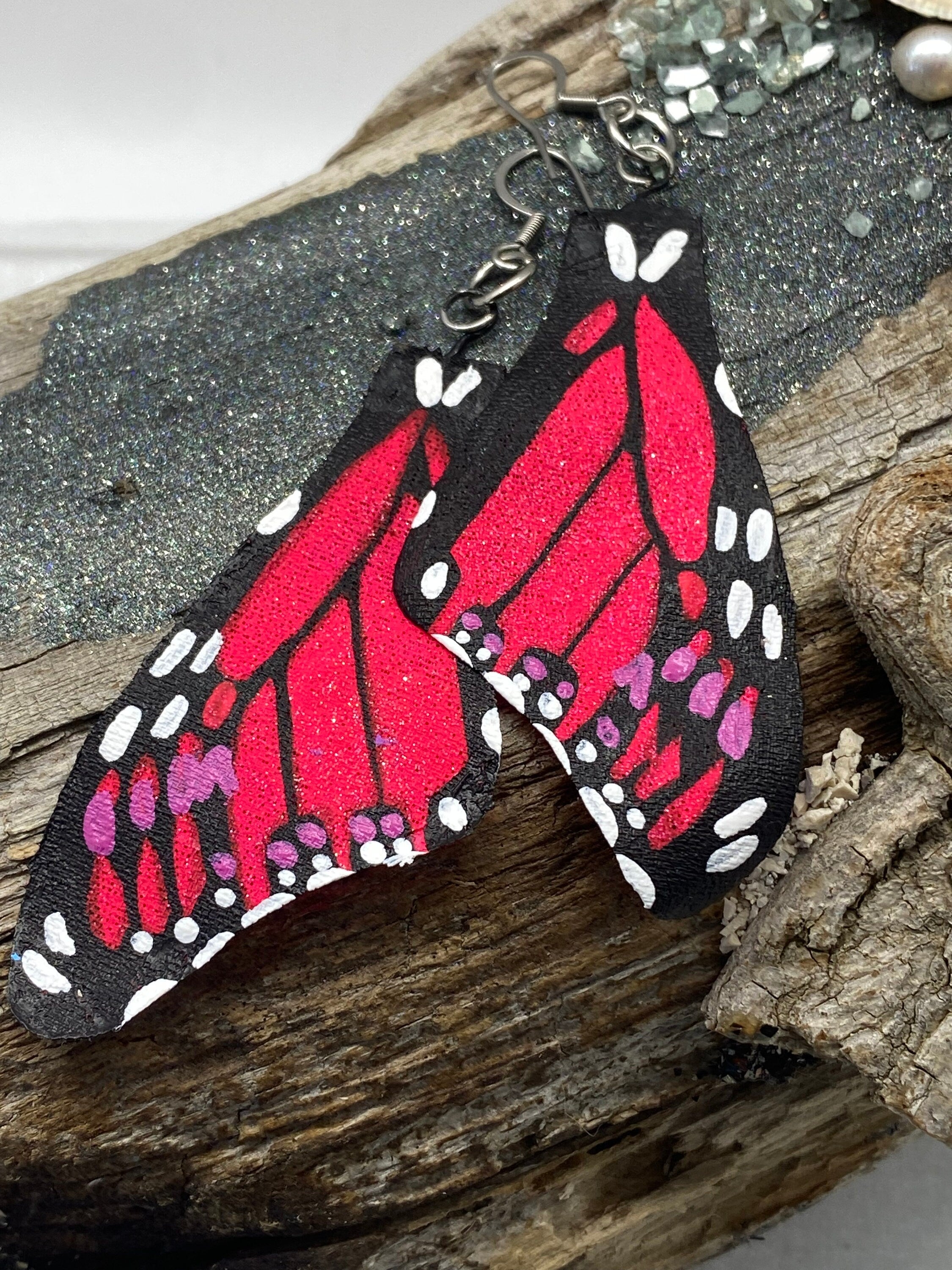 Hand Painted and Crafted Monarch Butterfly Earrings - "Classic & Sophisticated, Black light/Neon wing"