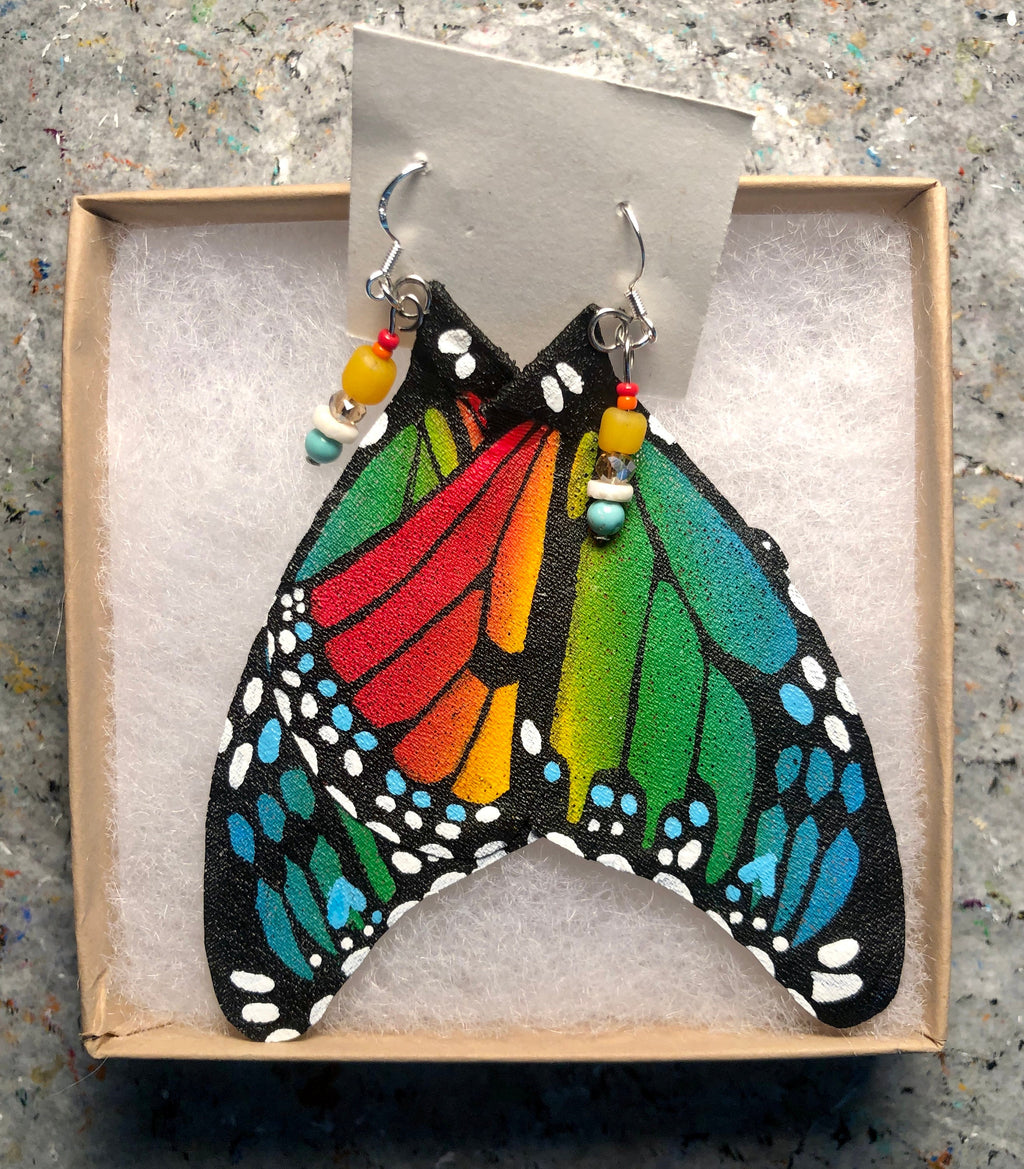 Hand Painted & Crafted Monarch Butterfly Earrings - "the Rainbow wings"