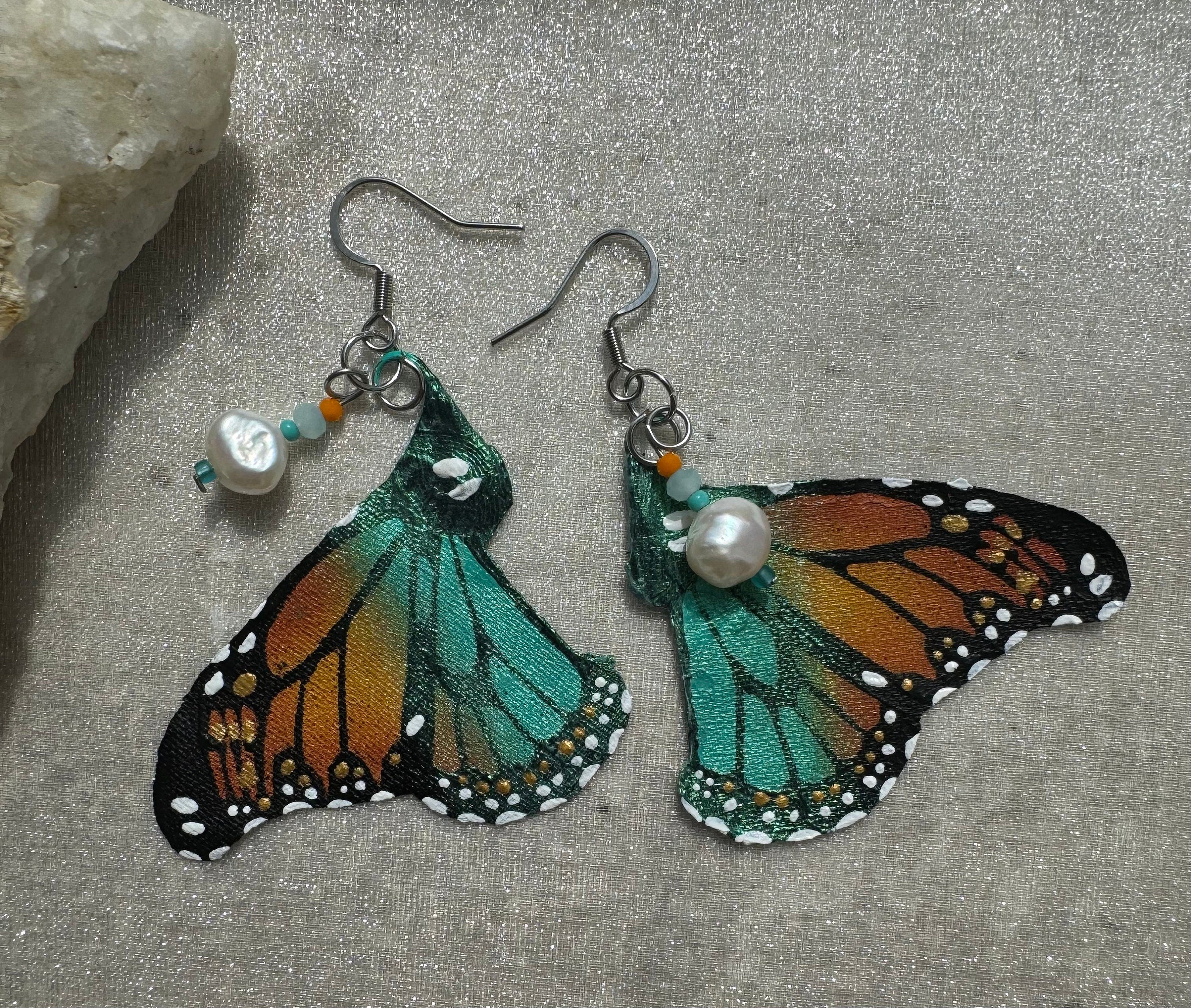 Hand Painted & Crafted Monarch Butterfly Earrings - "the Mini Lincoln wings"