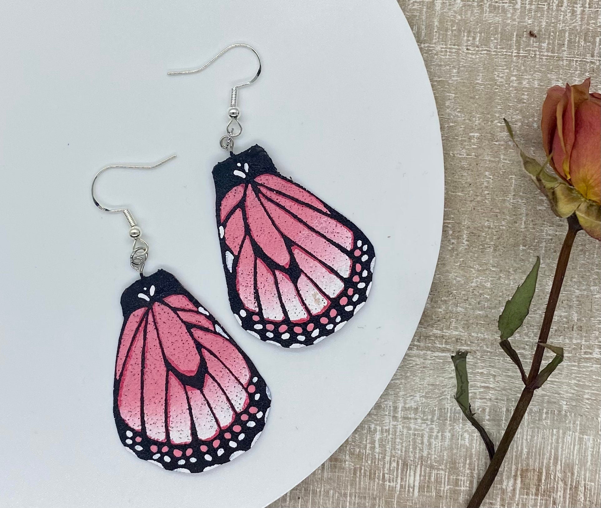 Hand Painted and Crafted Monarch Butterfly Earrings - "Classic & Sophisticated Rose"