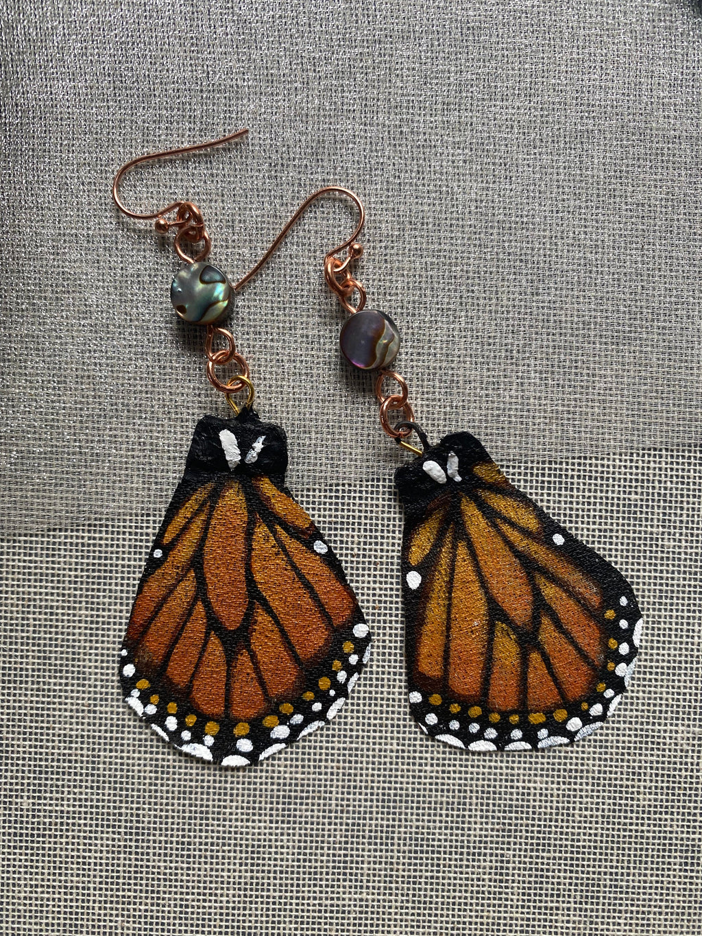 Hand Painted and Crafted Monarch Butterfly Earrings - "Classic & Sophisticated with Abalone and Copper"