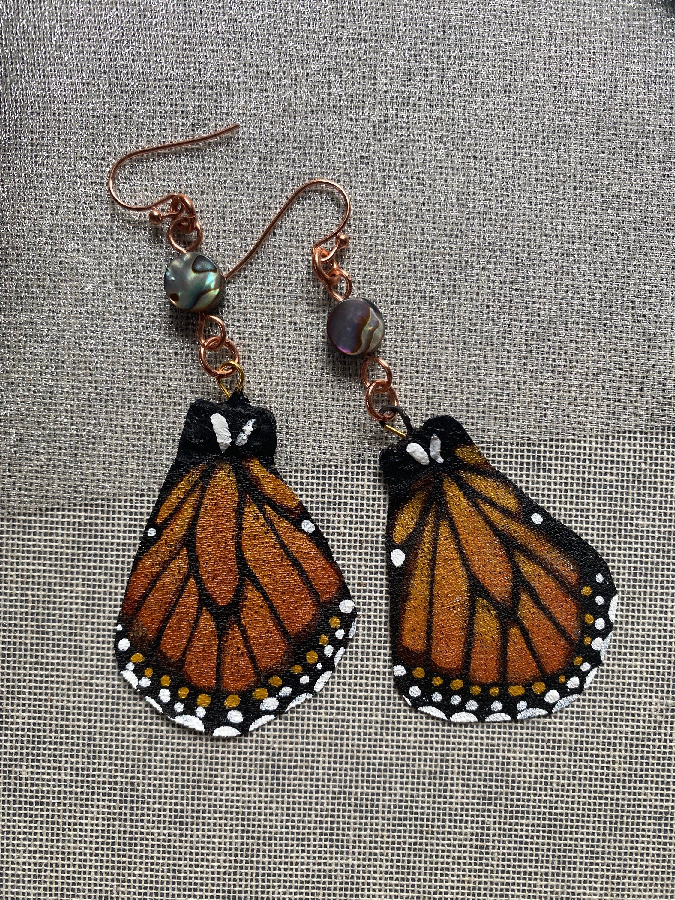 Hand Painted and Crafted Monarch Butterfly Earrings - "Classic & Sophisticated with Abalone and Copper"