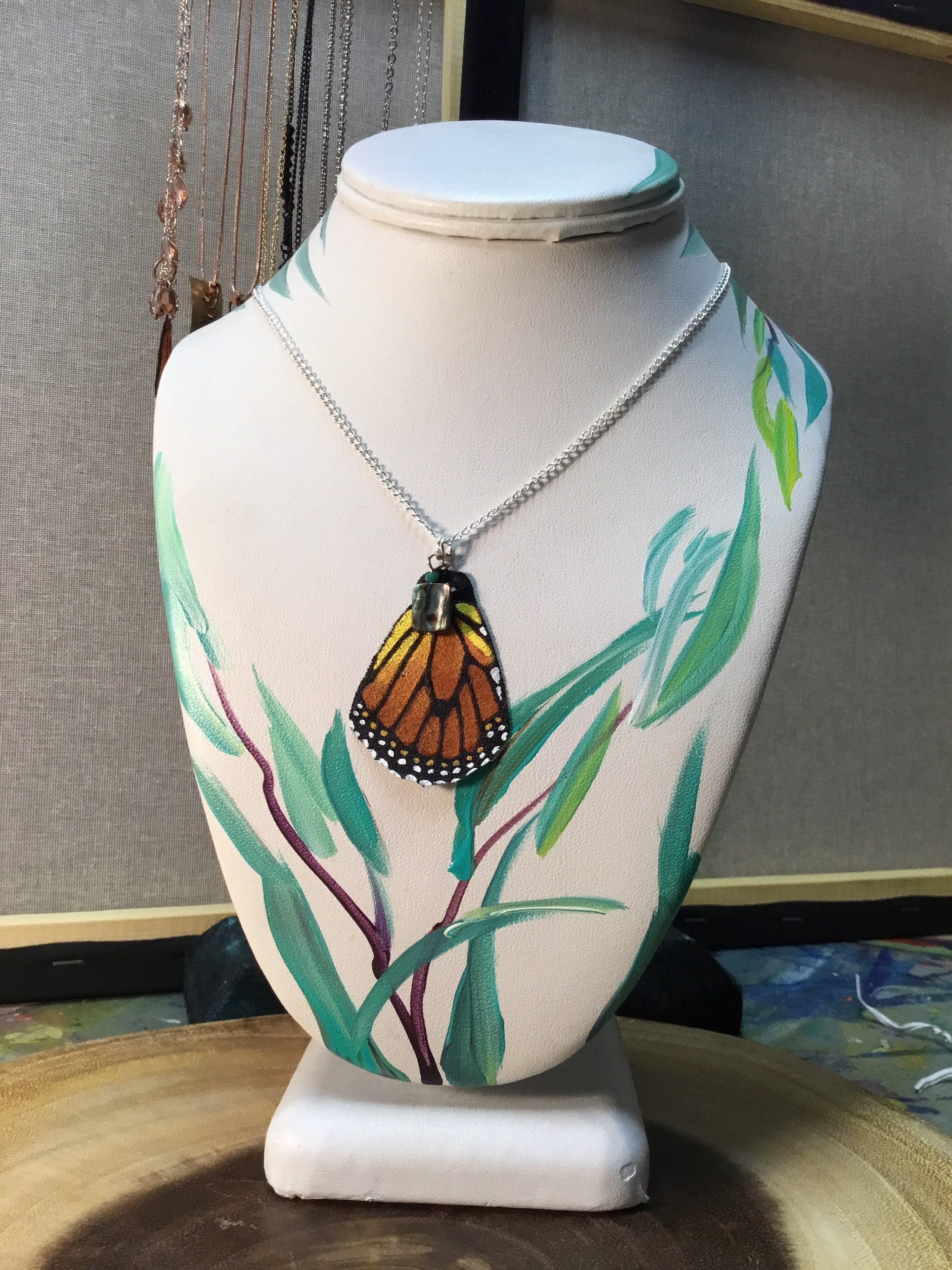 Hand Painted & Crafted Butterfly Necklace - "Bottom Flair Monarch Wing with Abalone