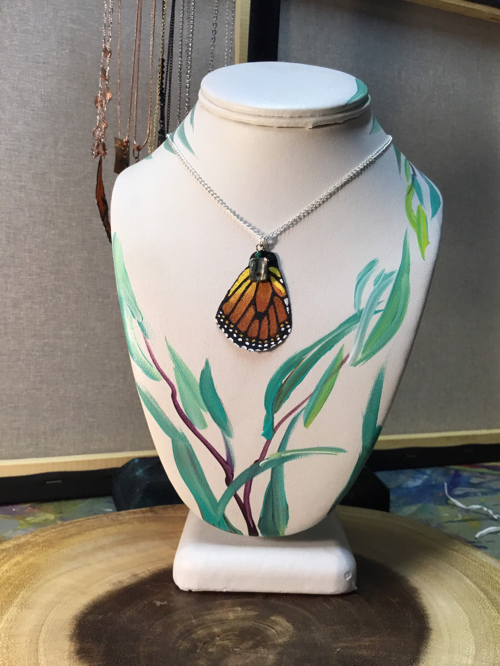 Hand Painted & Crafted Butterfly Necklace - "Bottom Flair Monarch Wing with Abalone