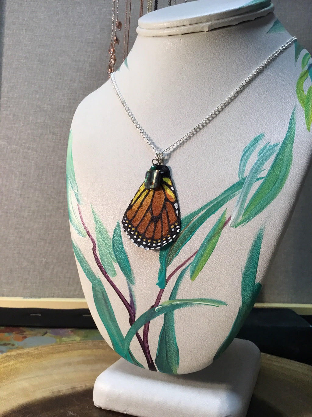 Hand Painted & Crafted Butterfly Necklace - "Bottom Flair Monarch Wing with Abalone