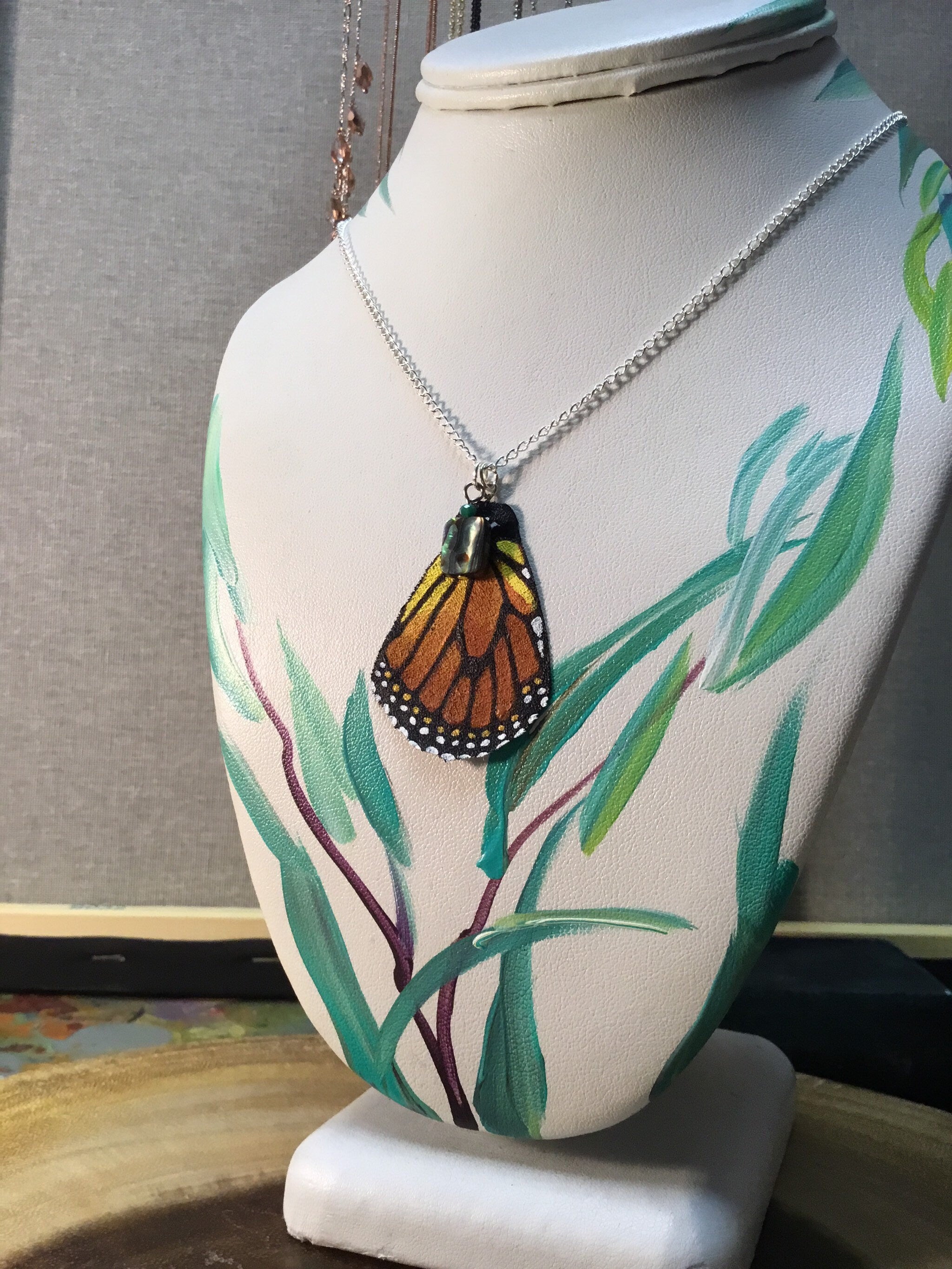Hand Painted & Crafted Butterfly Necklace - "Bottom Flair Monarch Wing with Abalone