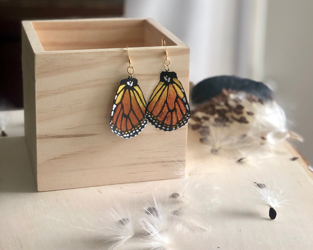 Hand Painted and Crafted Monarch Butterfly Earrings - "Classic & Sophisticated Bottom Monarch Wing"