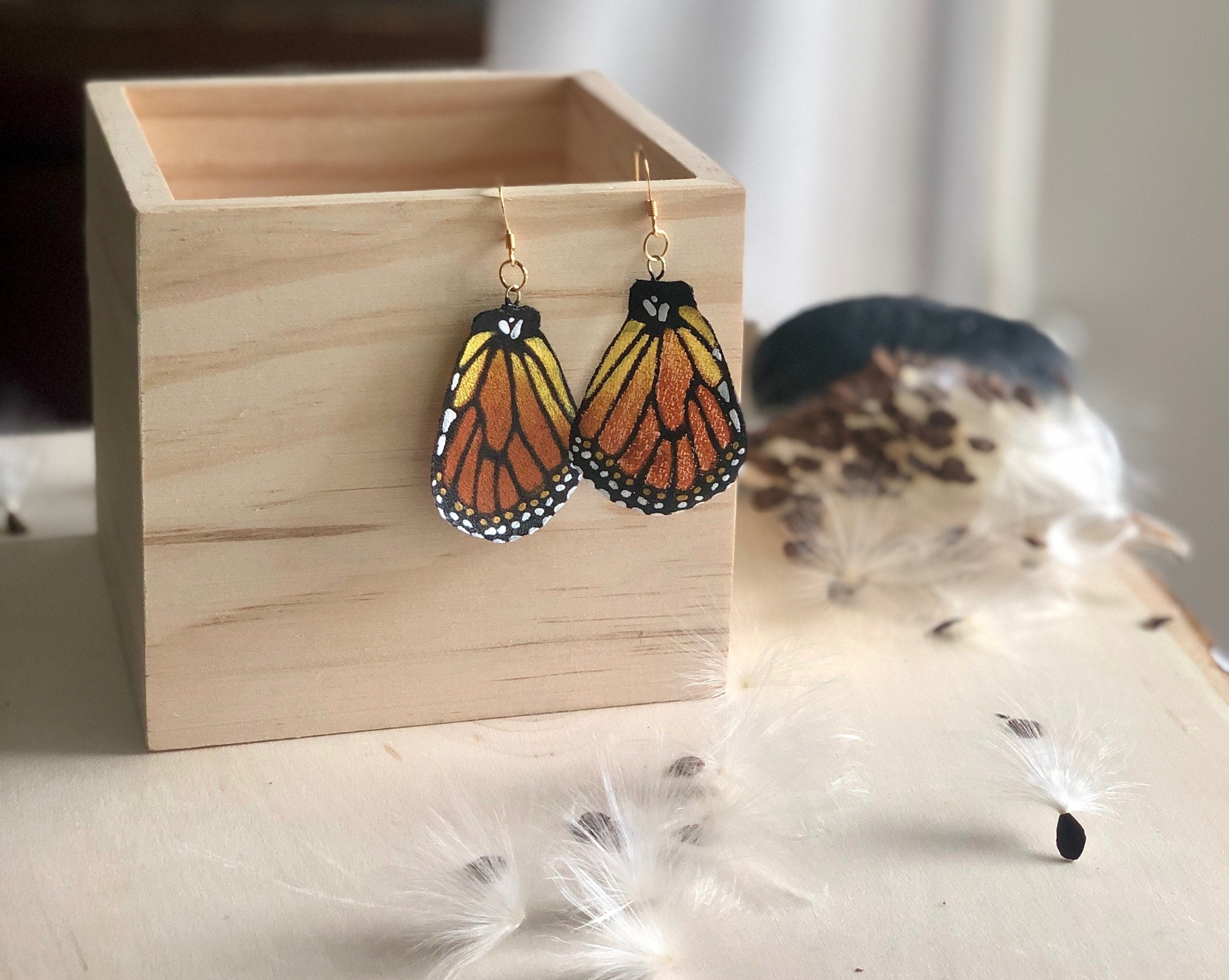 Hand Painted and Crafted Monarch Butterfly Earrings - "Classic & Sophisticated Bottom Monarch Wing"