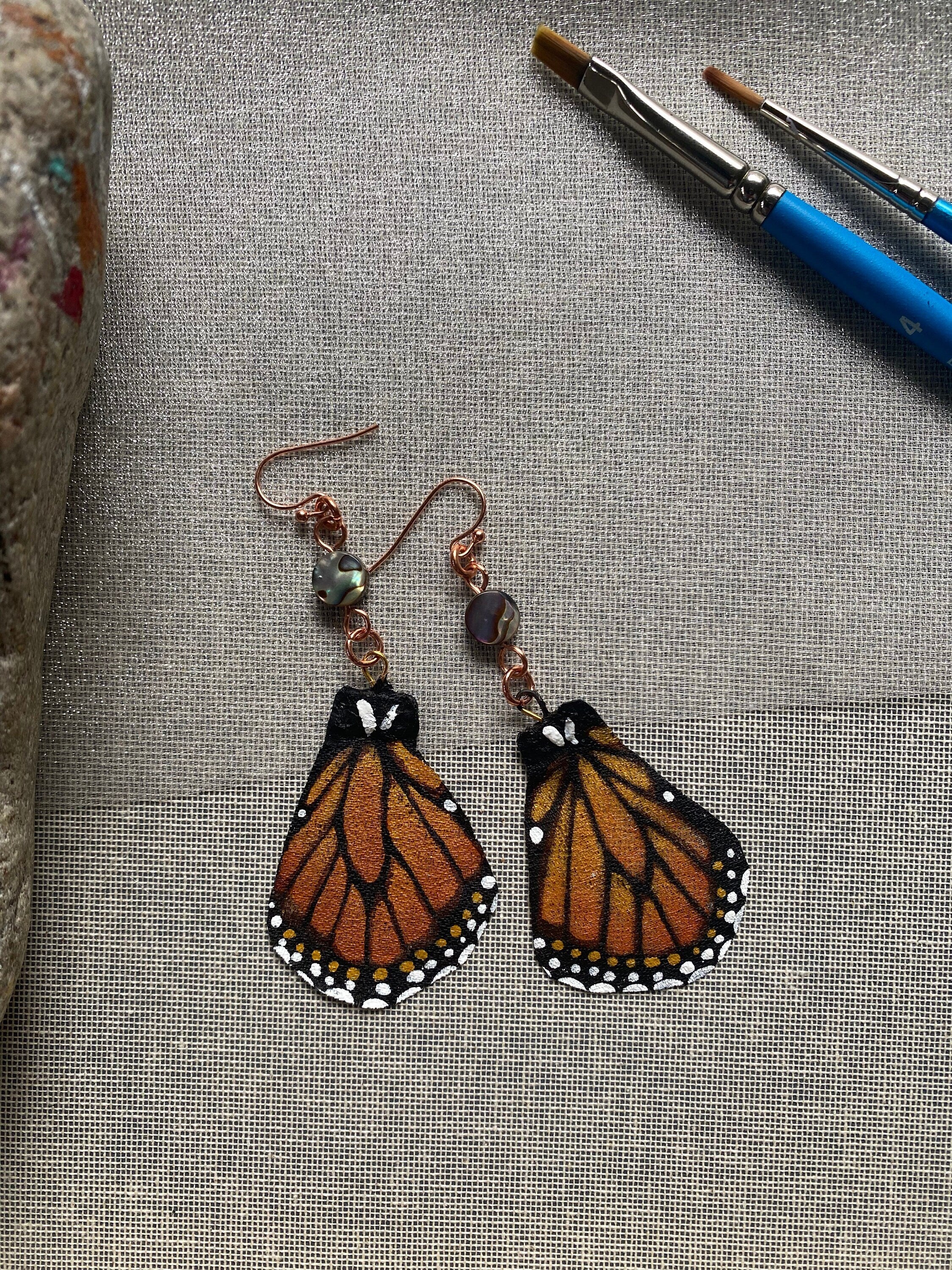 Hand Painted and Crafted Monarch Butterfly Earrings - "Classic & Sophisticated with Abalone and Copper"