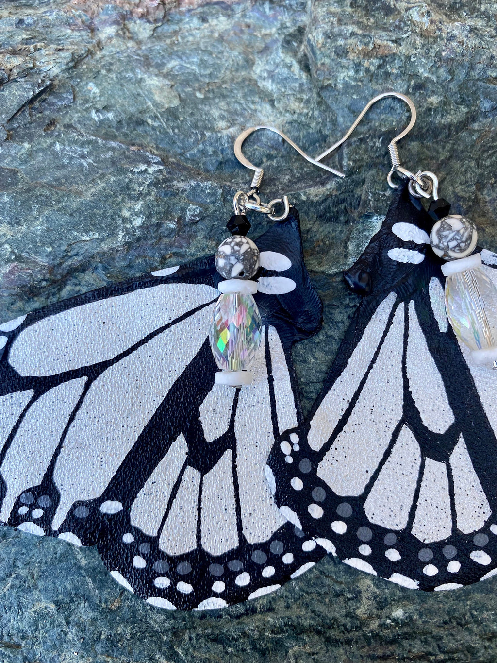 Hand Painted & Crafted Monarch Butterfly Earrings - "the Shimmering White wing"