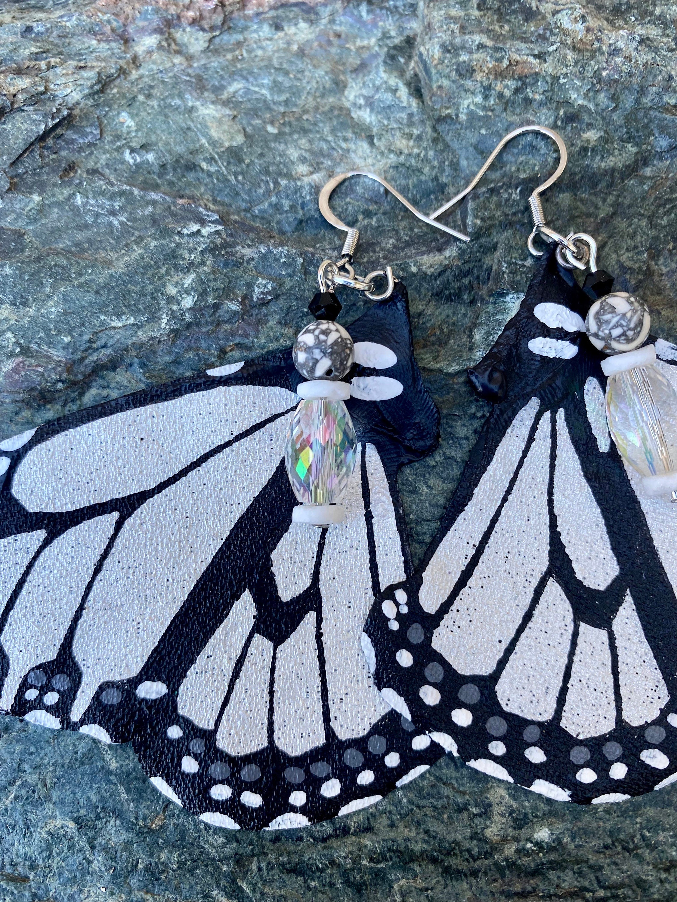 Hand Painted & Crafted Monarch Butterfly Earrings - "the Shimmering White wing"