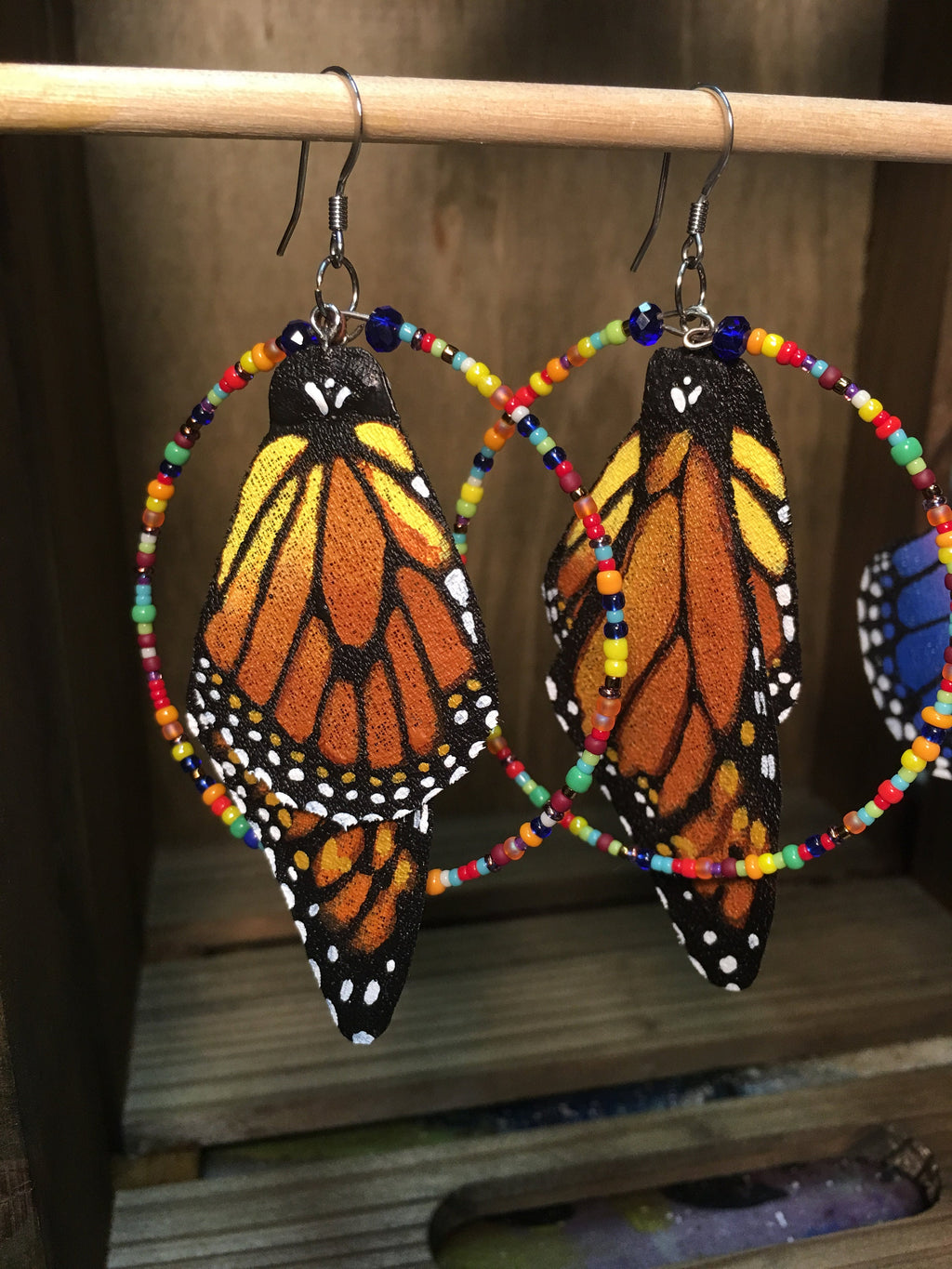 Hand Painted and Crafted Monarch Butterfly Earrings - Classic & Sophisticated with Multi- Color Beaded Hoops