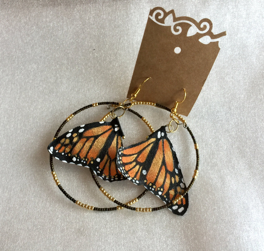 Hand Painted & Crafted Monarch Butterfly Earrings - "the Mini OG with Beaded Hoop"