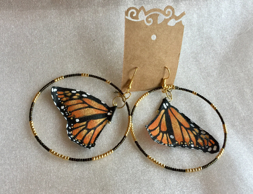 Hand Painted & Crafted Monarch Butterfly Earrings - "the Mini OG with Beaded Hoop"