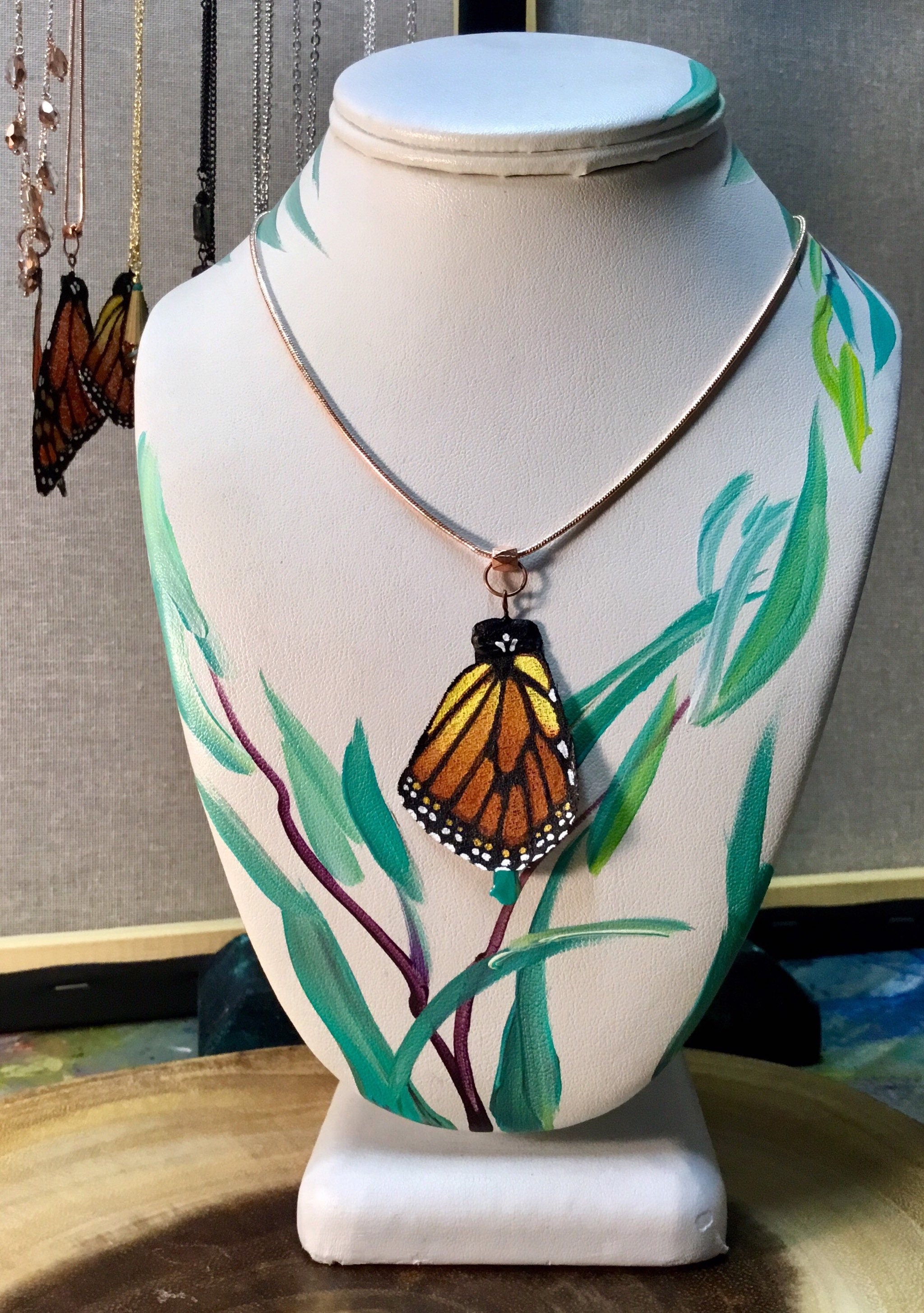 Hand Painted & Crafted Monarch Butterfly Necklace - "Pretty in Pink Bottom Wing"