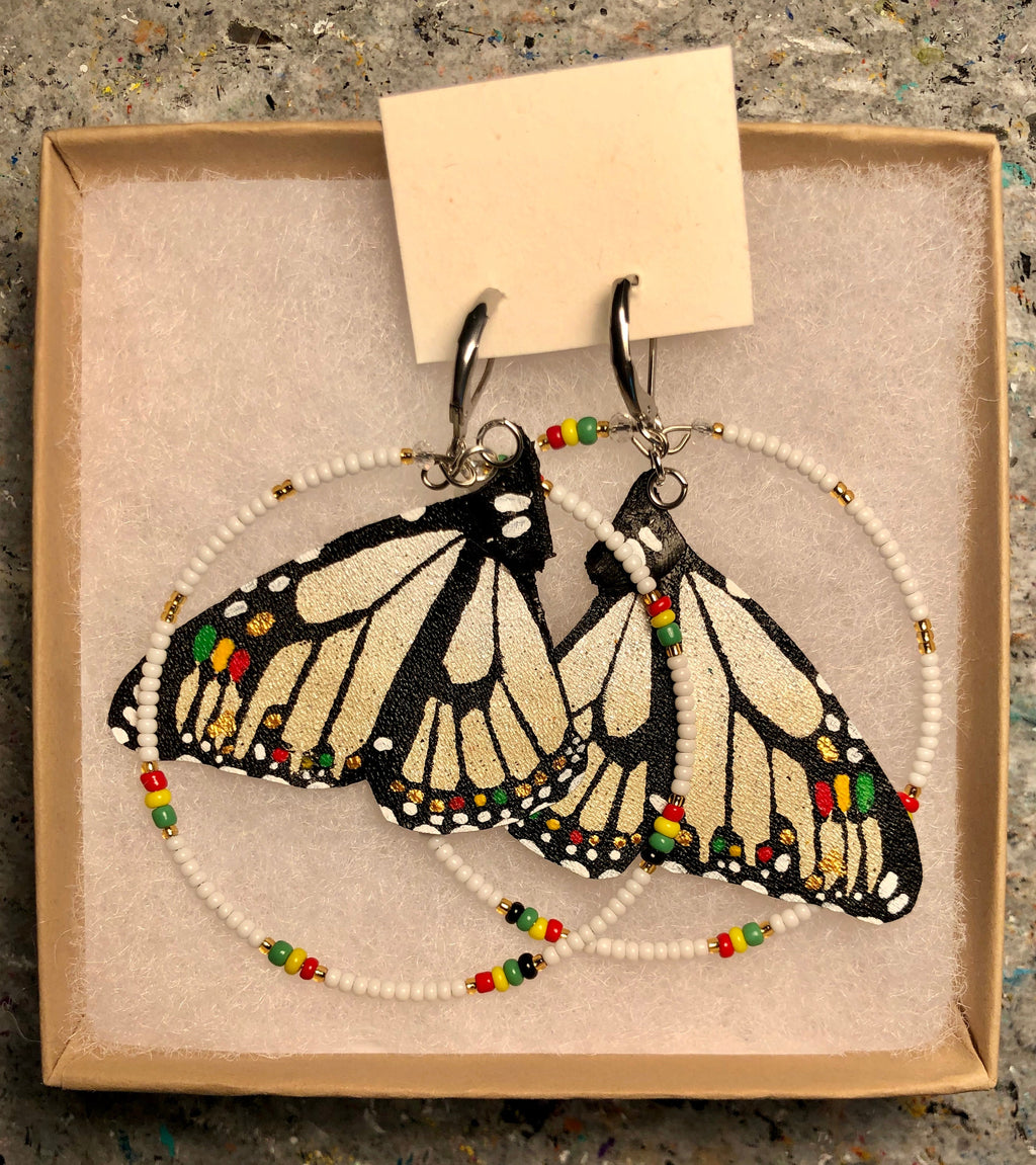 Hand Painted & Crafted Monarch Butterfly Earrings - "the Mini Reggae Pearl with Beaded Hoop"