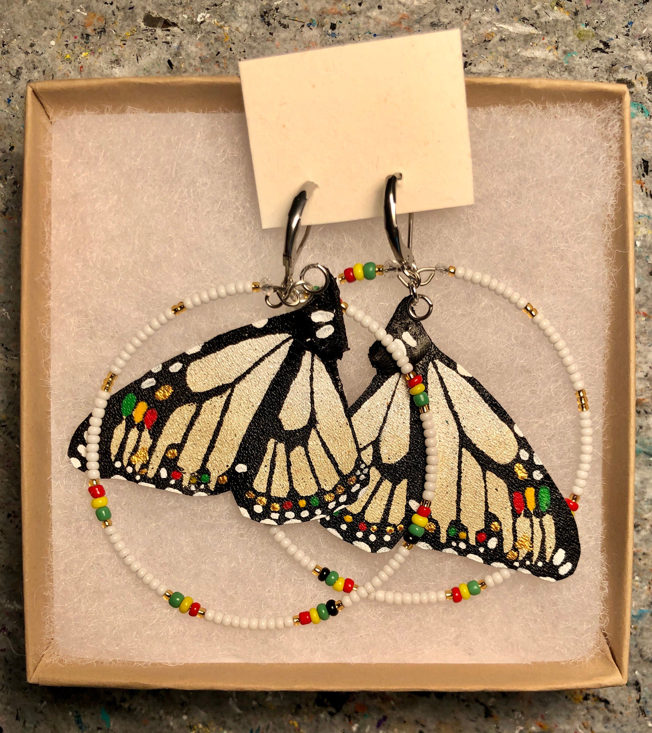 Hand Painted & Crafted Monarch Butterfly Earrings - "the Mini Reggae Pearl with Beaded Hoop"