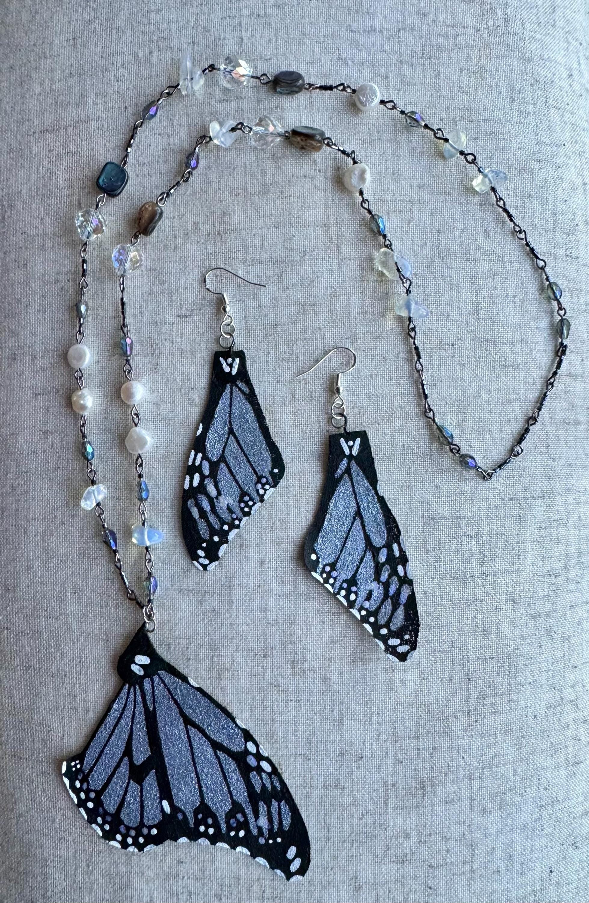 Gift Set - Necklace & Earrings .Hand Painted and Crafted Butterfly Jewelry.