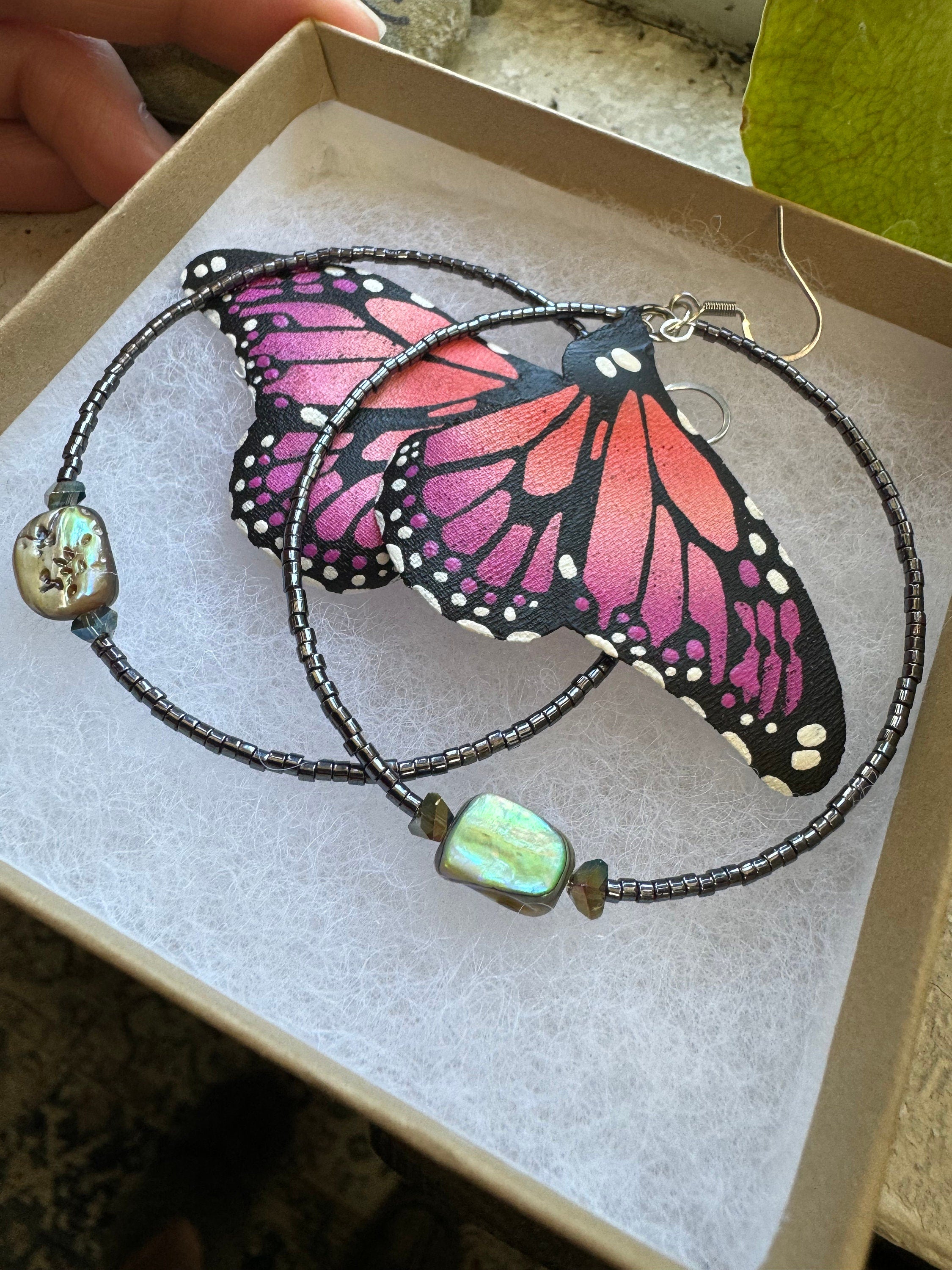 Hand Painted & Crafted Monarch Butterfly Earrings - "the Mini Isla Mujeres beaded hoop and Abalone"