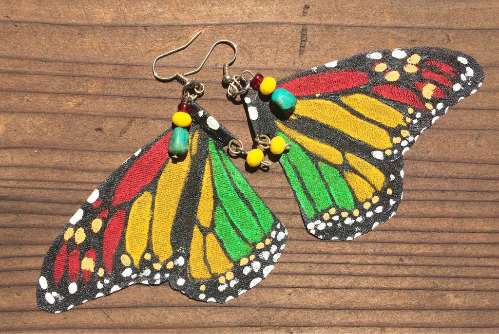 Hand Painted & Crafted Monarch Butterfly Earrings - "the Reggae Wing"