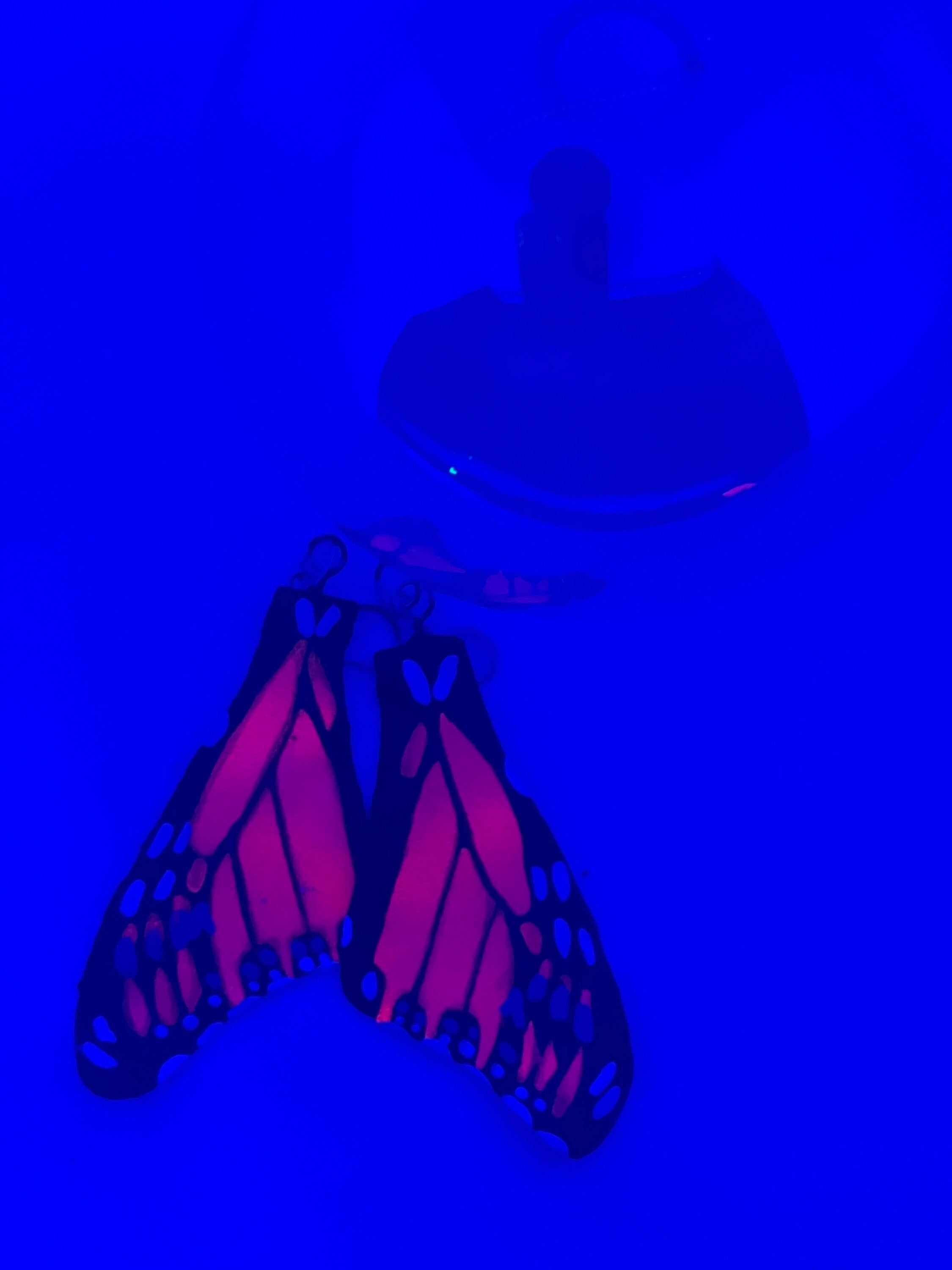 Hand Painted and Crafted Monarch Butterfly Earrings - "Classic & Sophisticated, Black light/Neon wing"