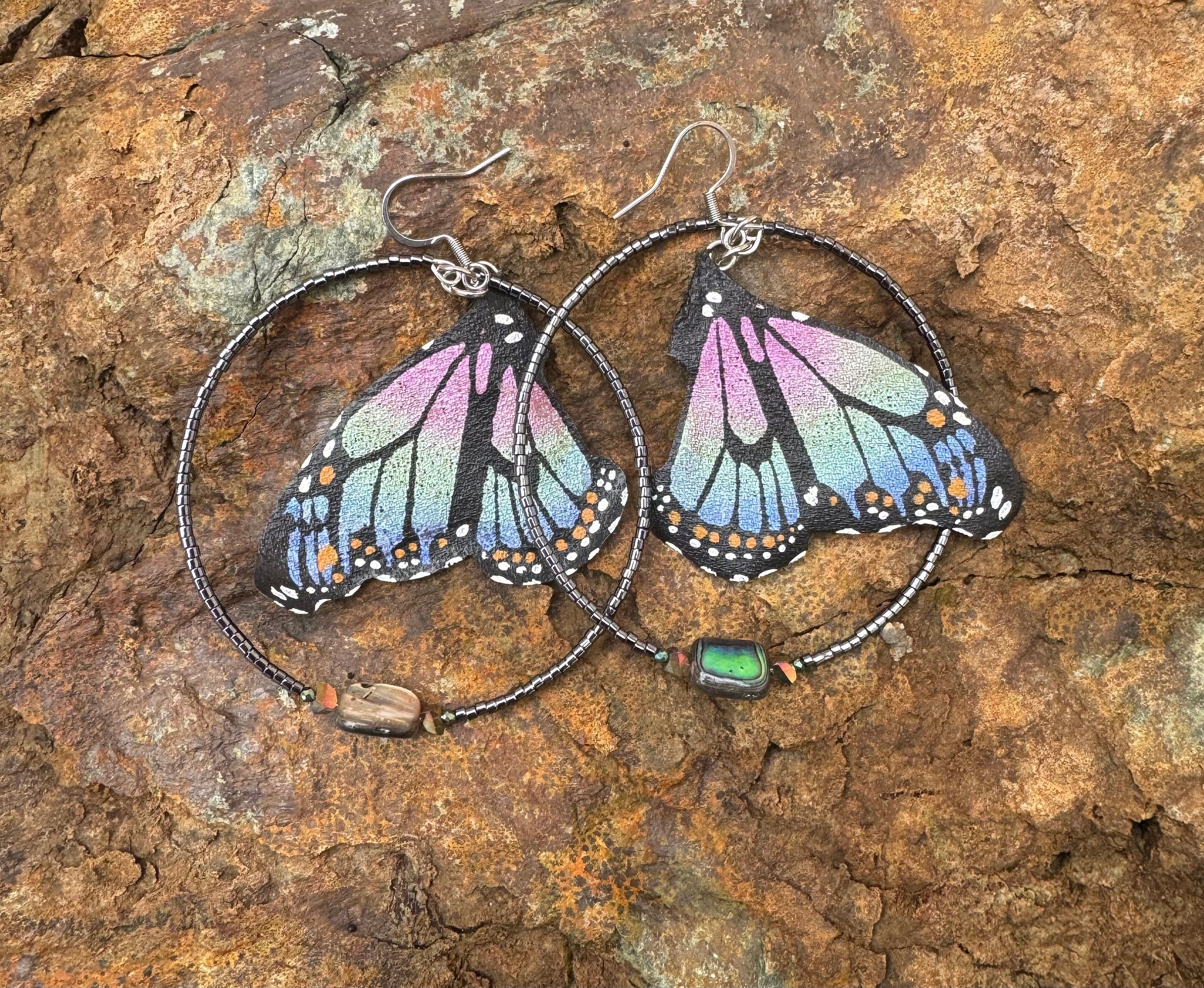 Hand Painted & Crafted Monarch Butterfly Earrings - "the Mini Abalone with Beaded Hoop and Abalone Shell"