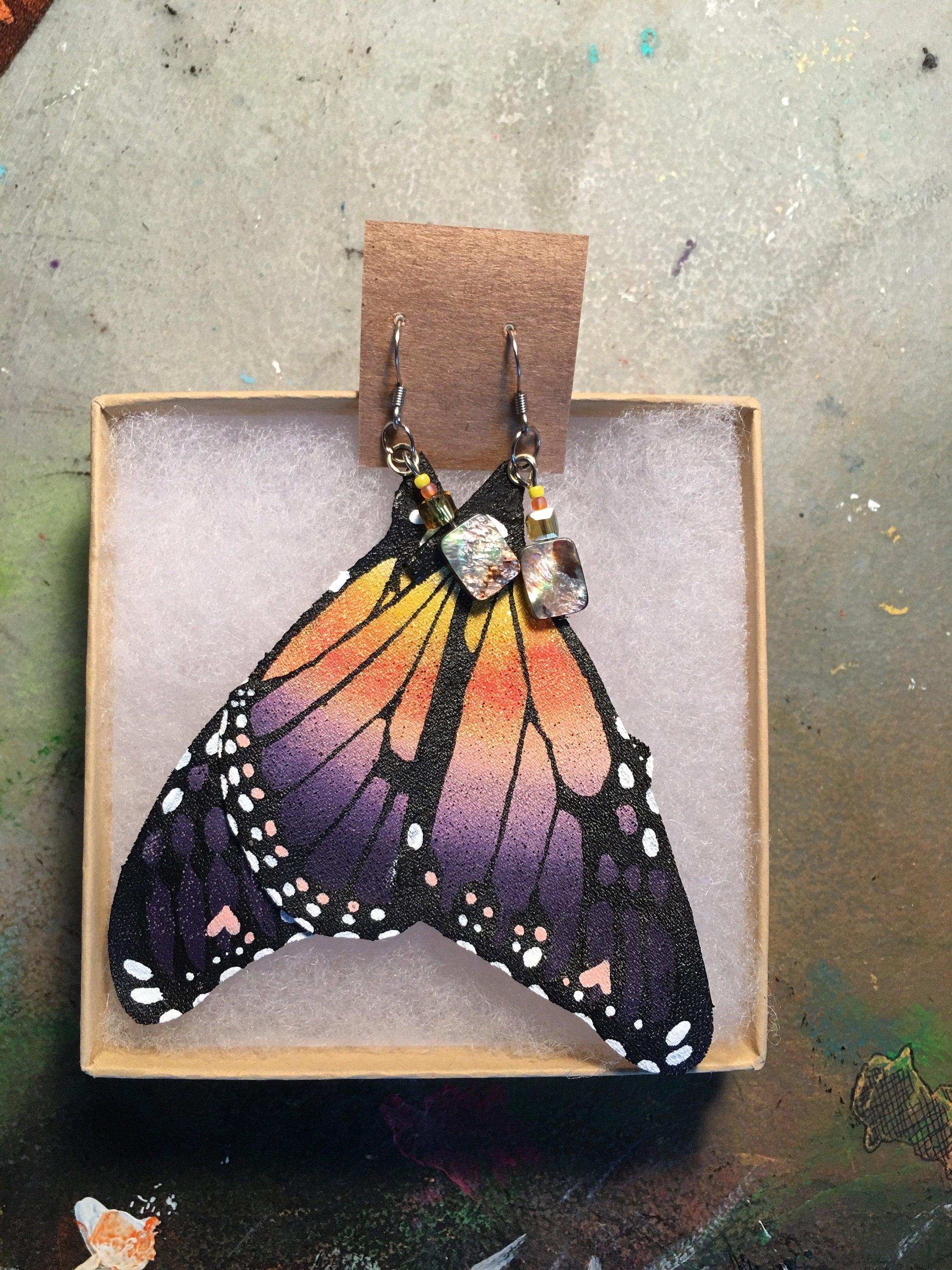 Hand Painted & Crafted Monarch Butterfly Earrings - "The Lindsay Wing ( Calm before the storm)"