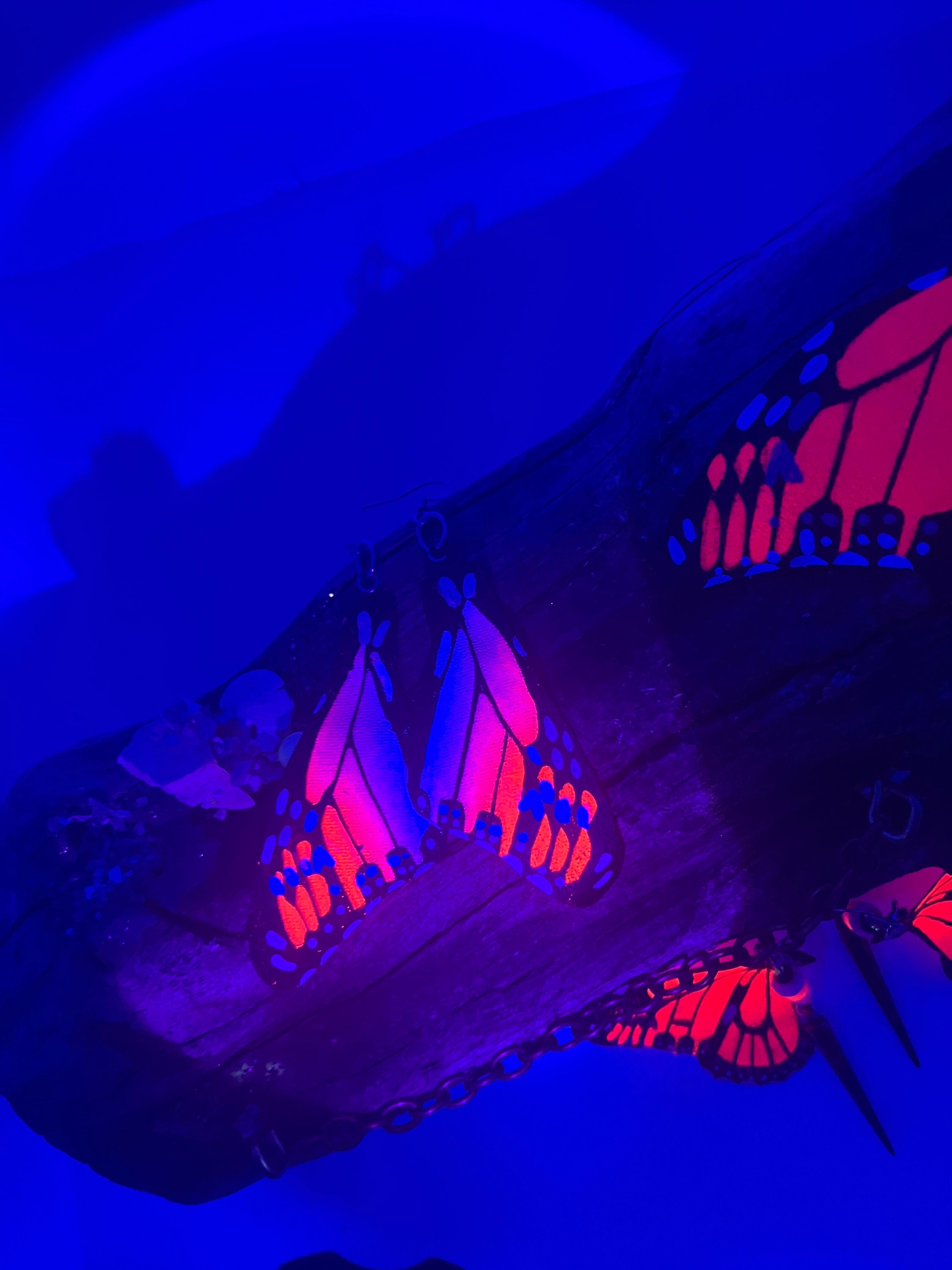 Hand Painted and Crafted Monarch Butterfly Earrings - "Classic & Sophisticated, Black light/Neon wing"
