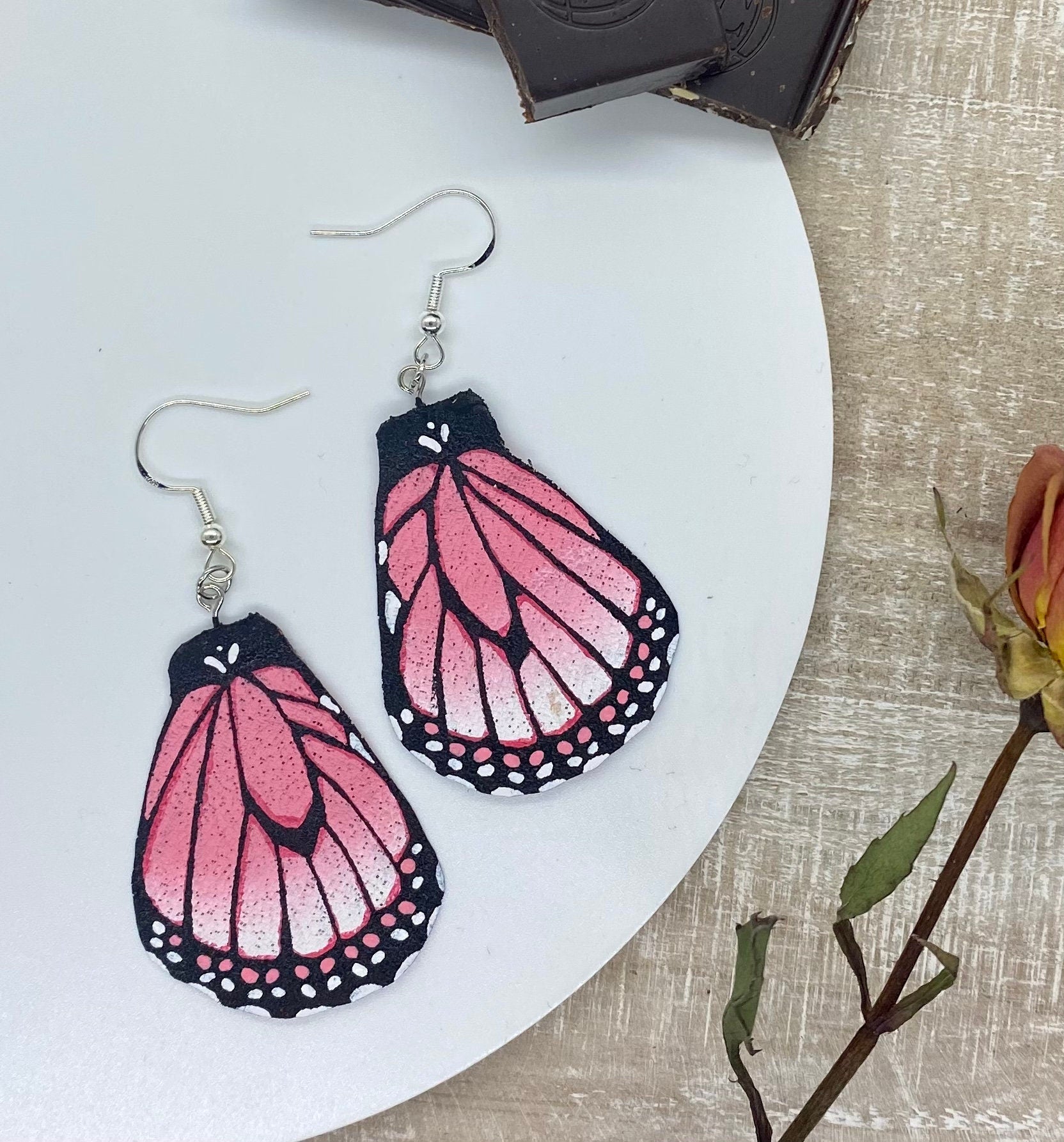 Hand Painted and Crafted Monarch Butterfly Earrings - "Classic & Sophisticated Rose"