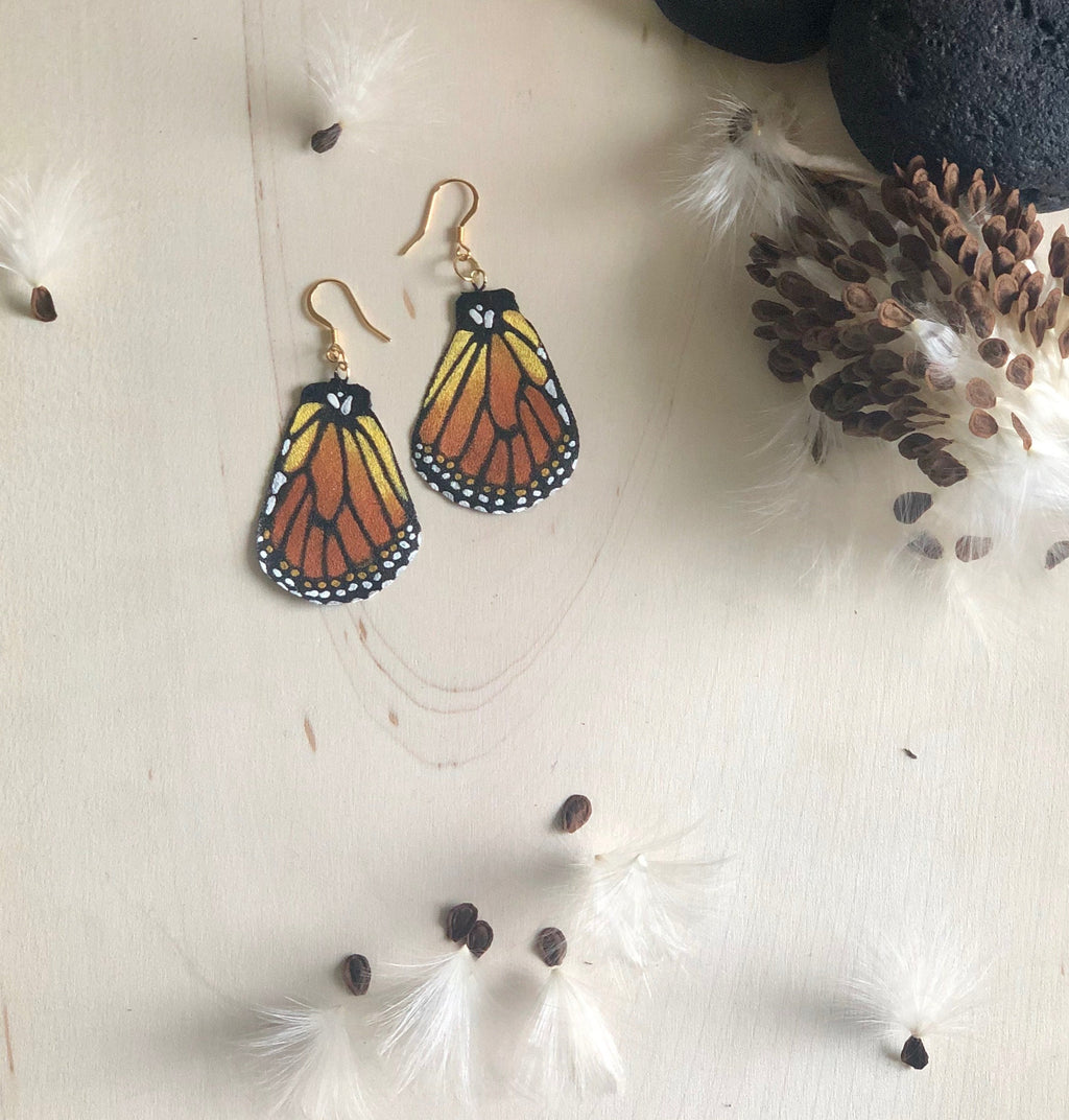 Hand Painted and Crafted Monarch Butterfly Earrings - "Classic & Sophisticated Bottom Monarch Wing"