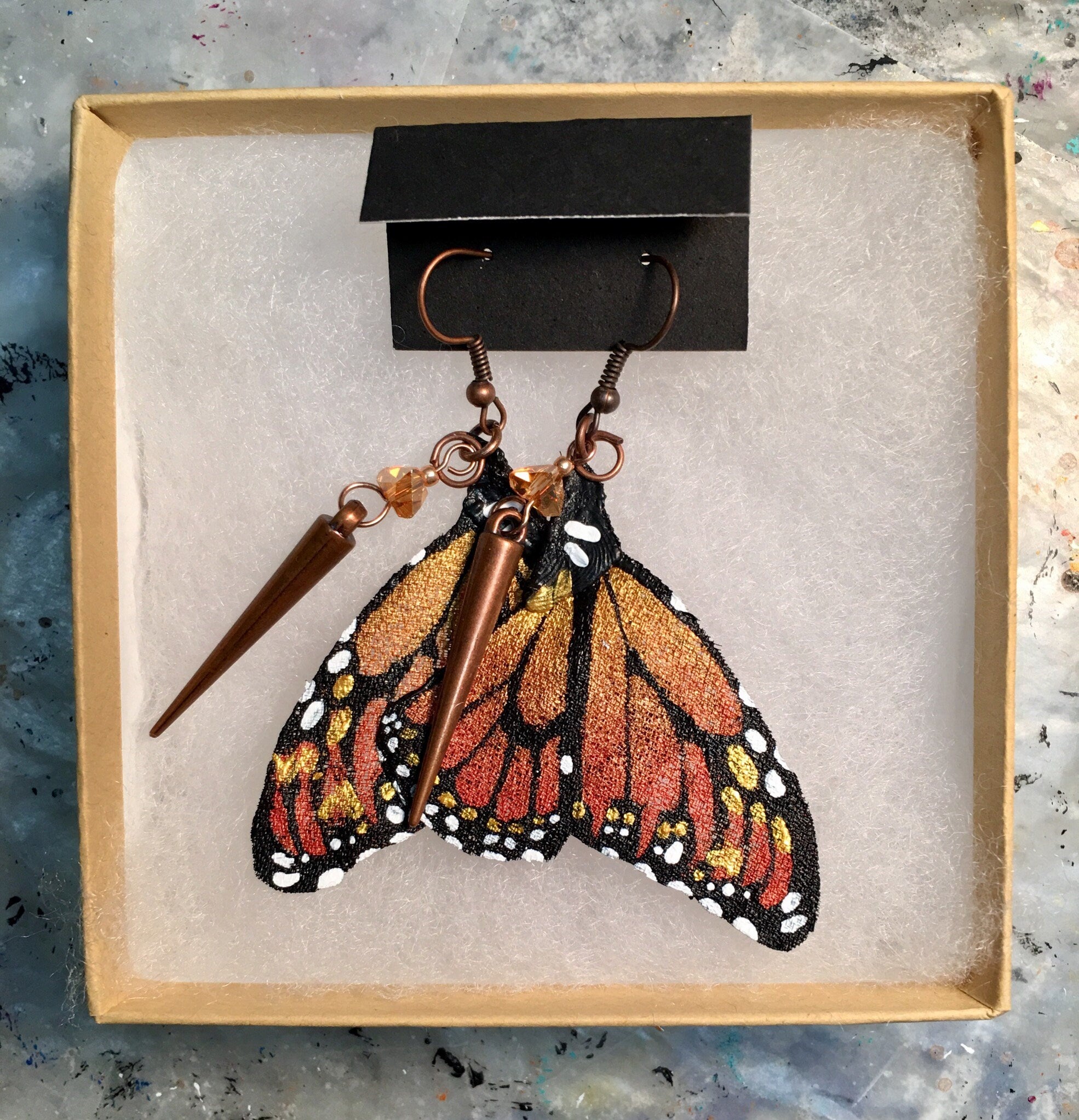 Hand Painted & Crafted Monarch Butterfly Earrings - "the Mini Copper Queen"