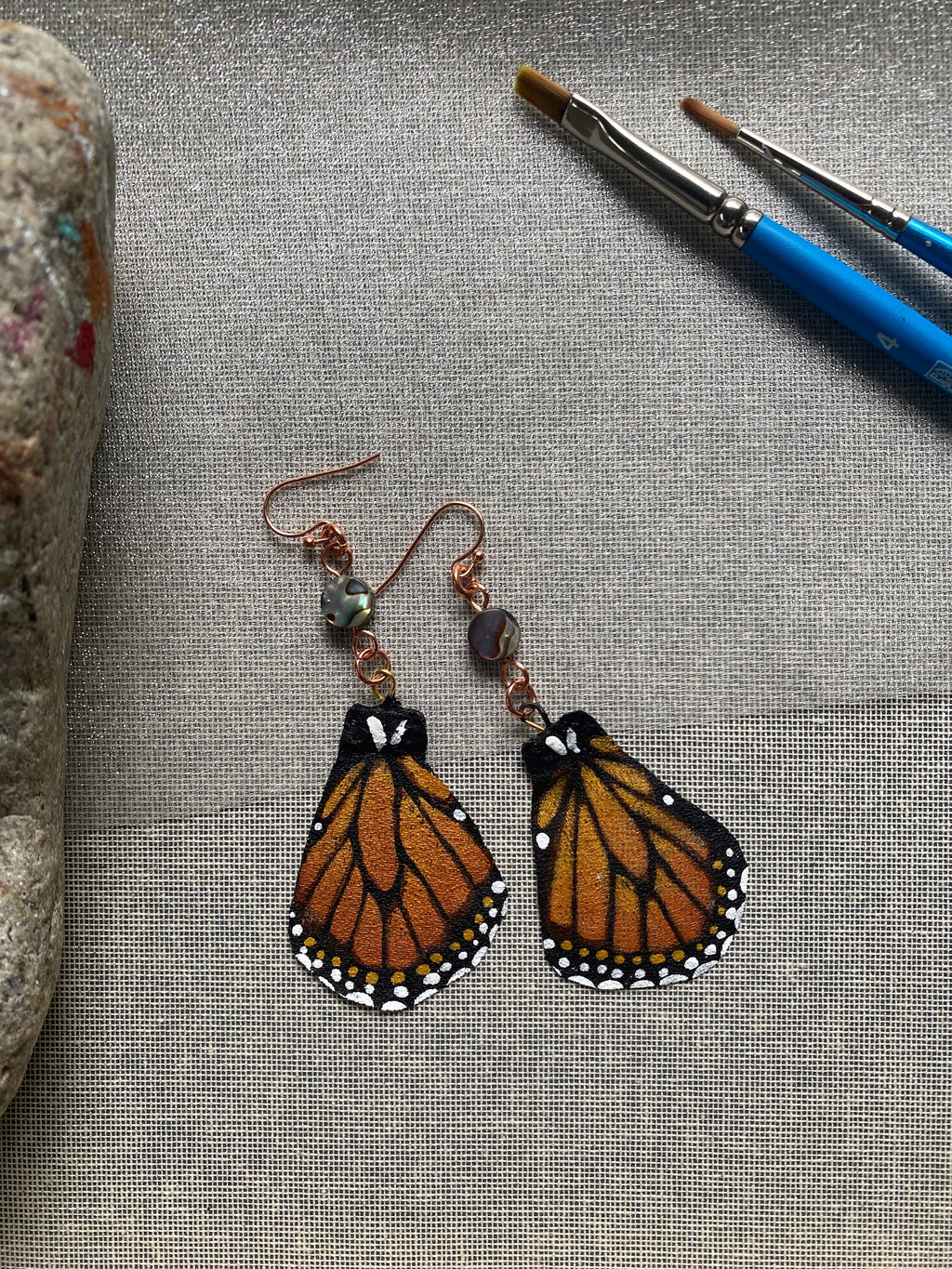 Hand Painted and Crafted Monarch Butterfly Earrings - "Classic & Sophisticated with Abalone and Copper"