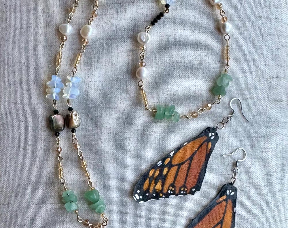Gift Set - Necklace & Earrings .Hand Painted and Crafted Butterfly Jewelry.